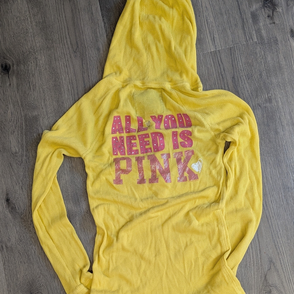 PINK Victoria's Secret Yellow Hooded Sweater with Pink Back Graphic